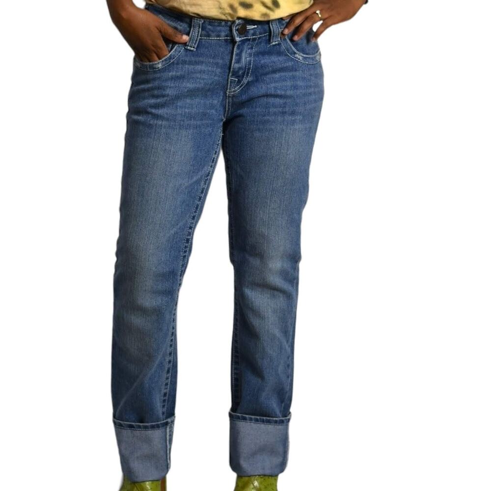 True Religion Bobby Jeans Blue Low Rise Horseshoe Leather Trim Straight Size 28